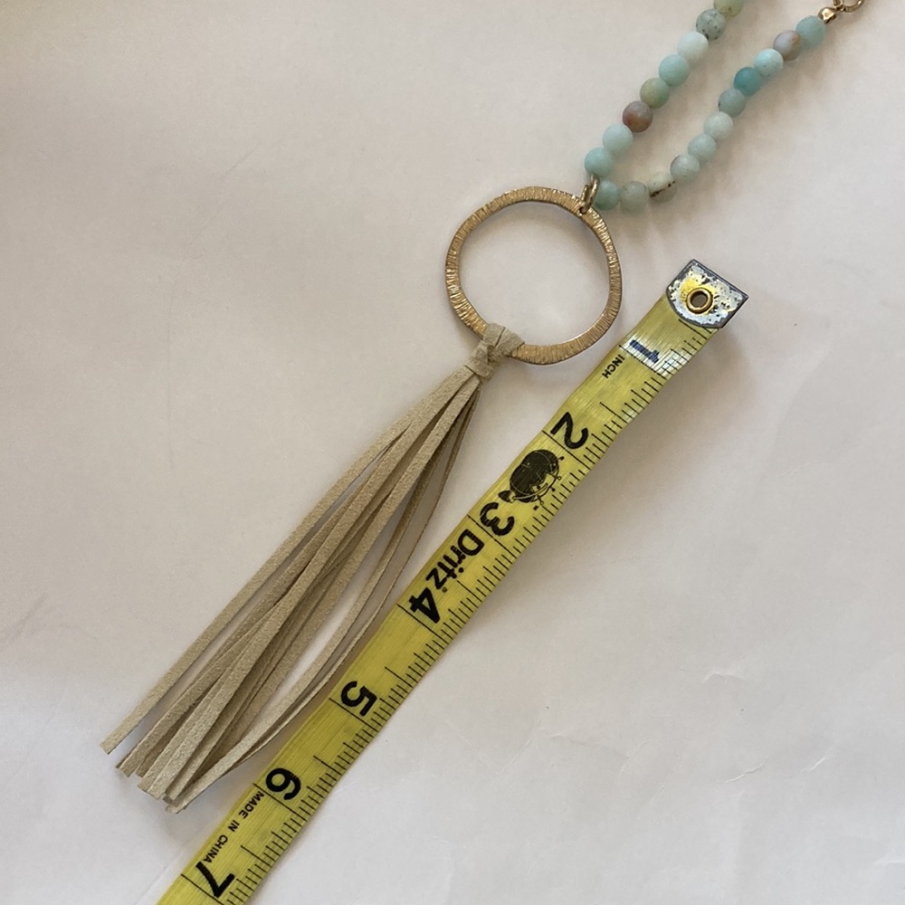 Long Faux Suede, Bead & Tassel Necklace - Picture 7 of 9